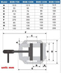 Heavy Duty 4 Inch Drill Press Vise For Precision Drilling And Milling In Woodworking, Cast Iron Clamping Vice BSM-100N dimensions chart
