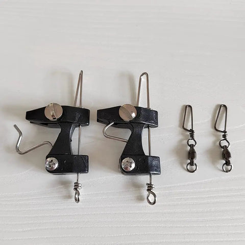 Two Pack Downrigger Release Clips With Ball Bearing Swivel For Outriggers And Kite Rigs, Smooth Line Release Arm, Precise Tension Adjuster, Durable Silver Finish, Great For Offshore Trolling Gear, black metal fishing clips