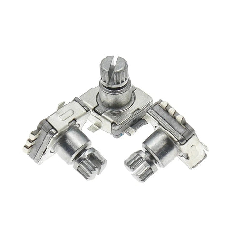 Close-up of Five Pack Rotary Encoder Switch With Push Button Five Pin SMD Type Ten Millimeter Plum Shaft High Precision Incremental Encoder
