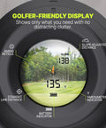 Display of Adaptive Slope Golf Rangefinder With 900 Yard Laser Readouts Flag Lock Vibration 6X Magnification Magnetic Cart Mount