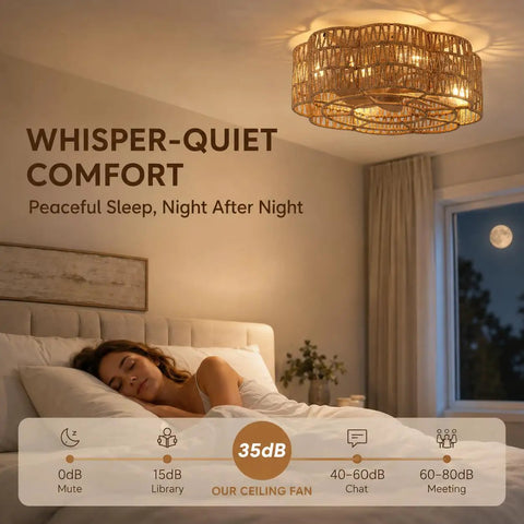 Pixxrib Boho Caged Ceiling Fans with Lights for Bedroom Living room, yellow twine light fixture above a bed for peaceful sleep.