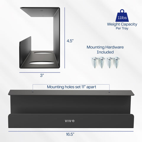 Under Desk 17 Inch Cable Management Trays, 2 Pack Black Cord Organizer dimensions and mounting hardware shown