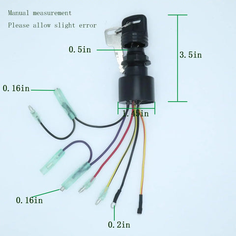 Measured ignition switch with key showing 3.5-inch height, wires extended for outboard motor control, replacement MP41070 87-17009A2.