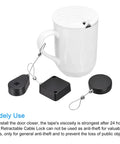 Secure Your TV And Remote Controls With These Retractable Cables That Feature Smooth Extension And Rock Solid Double Sided Adhesion To Keep Gear Locked Down Tight In A Black Two Pack Set with a white mug and tether parts shown.