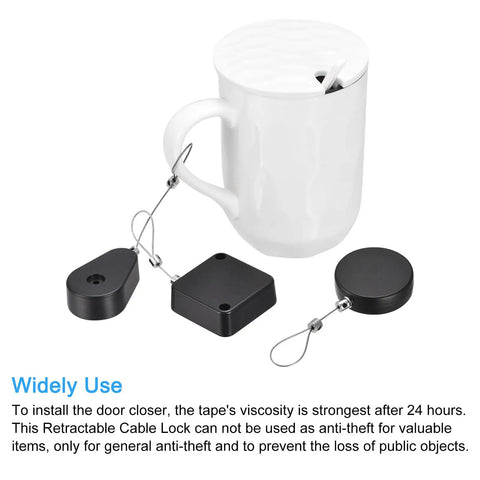 Secure Your TV And Remote Controls With These Retractable Cables That Feature Smooth Extension And Rock Solid Double Sided Adhesion To Keep Gear Locked Down Tight In A Black Two Pack Set with a white mug and tether parts shown.