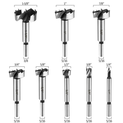 Heavy Duty Eight Piece Forstner Bit Set High Speed Carbon Steel Wood Drilling Kit showing bit sizes from 1/4" to 1-3/8".