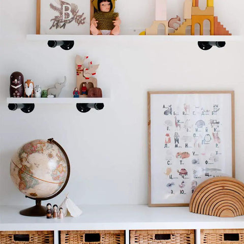 White room with shelves using Six Pack Black Steel Pipes, Three Quarters Inch, Thirty Inches Long, Pre Cut for DIY Industrial Shelving