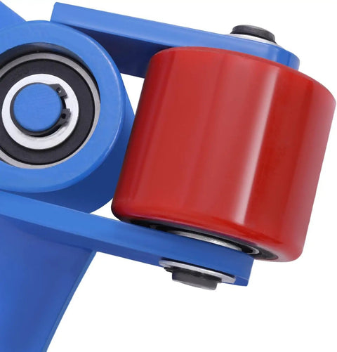 Close-up of Heavy Duty Machinery Skates Carrying 4409 Lbs with blue frame and red PU caster for smooth equipment moving.