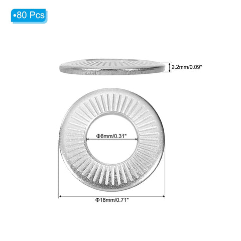 Bad Ass Pack of 304 Stainless Steel Flat Washers M8 18 Mm Belleville Spring Discs plus Conical Knurled Gasket Perfect for Car Build Auto Repair or Industrial Use Where You Require High Durability and Solid Grip Never Lose. 80 pcs, 18mm washer