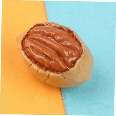 Close-up of a realistic resin walnut from the Twenty Piece Miniature Resin Nut Embellishments For Dollhouse Food Props on colorful backdrop.