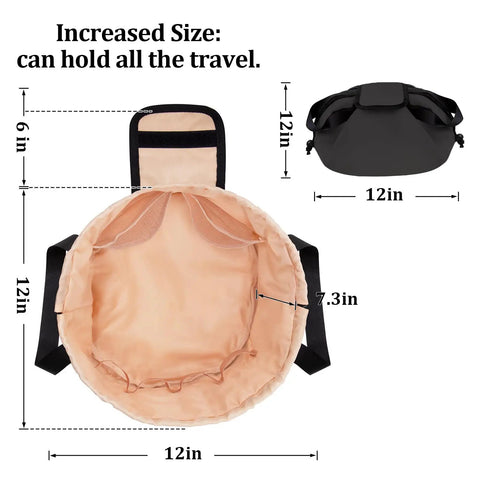 Drawstring Travel Makeup Bag Large Capacity Cosmetic Organizer for Women opens flat showing inner compartment and dimensions