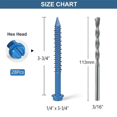 One Quarter By Three And Three Quarter Inch Concrete Screws Set With Drill Bit 28 Pack Hex Head Anchors For Masonry Block Brick Cement And Stucco Diamond Point For Quick No Hassle Install shown with size chart