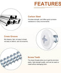 Image showing the features of 50 Piece Pack Size Eight Three Quarter Inch Phillips Head Self Tapping Screws Flat Head Carbon Steel High Strength Quick Tapping Wood Metal Plastic Screws White Finish Built Tough For Do It Yourself Projects.
