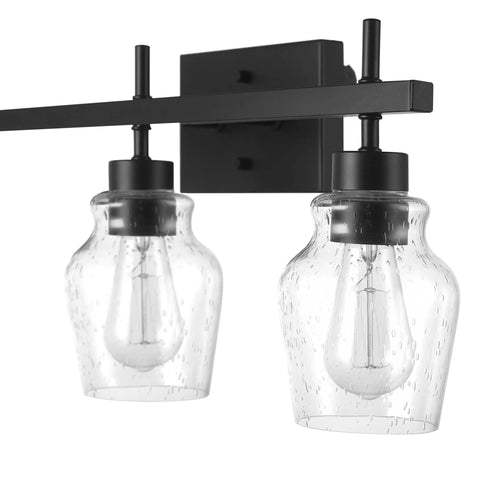 5-Piece All-In-One Matte Black Bathroom Set With 3-Light Vanity Fixture Featuring Seeded Glass Shades close-up view