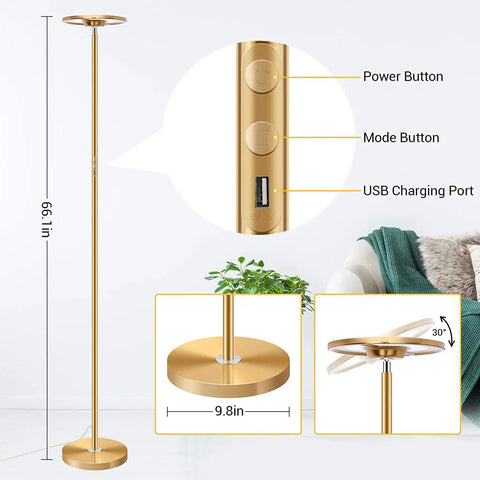 Upgraded LED Floor Lamp With Up Down Lighting, 2000 Lumen, shown with power and mode buttons, USB charging port, gold finish