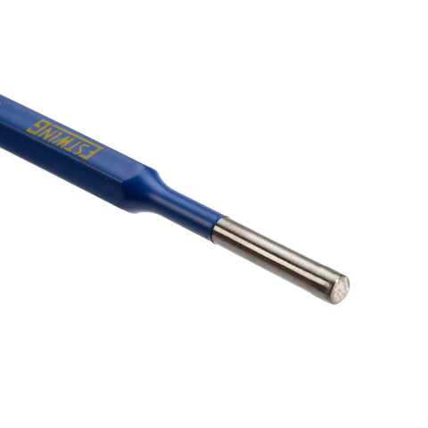 12 Piece Cold Chisel And Punch Set With Pins And Starter Punch For Metalworking, close-up of drop forged CrV steel punch tip