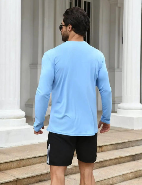 Back view of man in blue Two Pack Men's UPF Fifty Plus Dope Rash Guard Long Sleeve Swim Shirts With Quick Dry Tech For Surfing Swimming