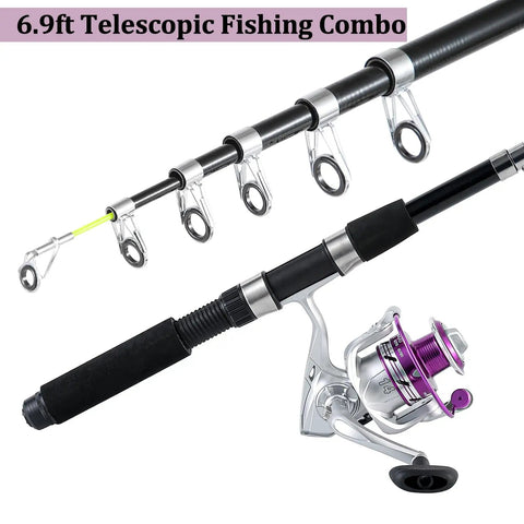 Two Piece Telescopic Fishing Rod And Reel Combo Kit 6.9 Foot Carbon Fiber with purple accent reel, close-up view.