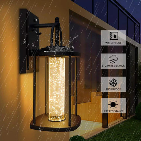 Dusk To Dawn Outdoor Light With Crystal Glass Drops, LED Porch Sconce In Matte Black, IP65 Waterproof Wall Mount in rain
