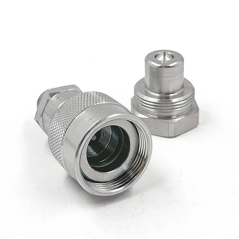 Chrome 3/8 NPT hydraulic quick-connect coupler with knurled grip and matching plug, set of two