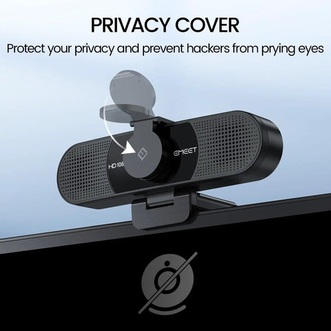 Plug And Play 1080P HD Webcam Packs Dual Noise Killing Mics And Wide Angle Lens With Privacy Sliding Cover, showing privacy cover in action.