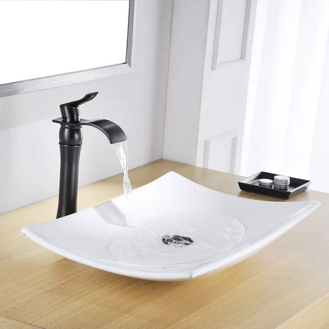 Oil Rubbed Bronze Vessel Sink Faucet With Waterfall Spout Farmhouse Single Hole Bathroom Faucet by white basin