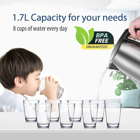 Child drinking water with 1.7L Stainless Steel Electric Tea Kettle With LED Light, BPA Free, Auto Shut Off, in the background
