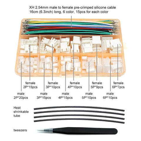 2.54mm Pitch Connector Kit Compatible With XH Series Sockets And Plugs, cable, headers, heat shrink tubes, and tweezers