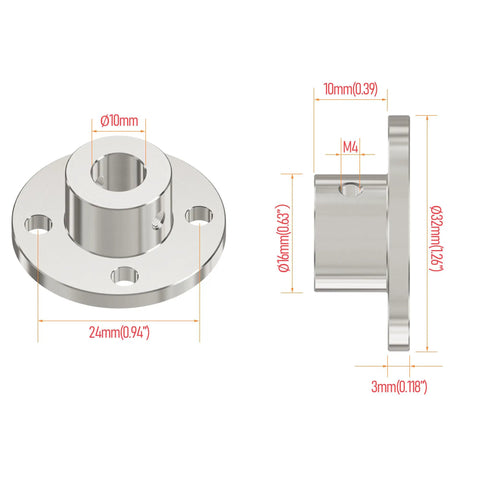 Rigid Flange Shaft Coupling Set of 2, 10mm Bore and 16mm OD, Made From C45 Carbon Steel With Chrome Plating, Heavy Duty Beefy Metal Drive Coupler For Machinery And Equipment. dimensioned front and side views