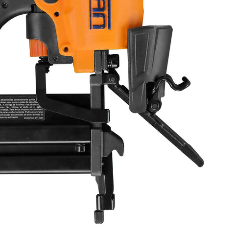 Close-up of Next Gen Pneumatic 18 Gauge One And Five Eighths Inch Narrow Crown Stapler with metal belt hook detail.