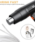 Black heat gun and lighter near shoelaces for "Fix Your Laces Like A Pro With This 50Pk Heat Shrink Aglets Repair Kit For Shoelaces"