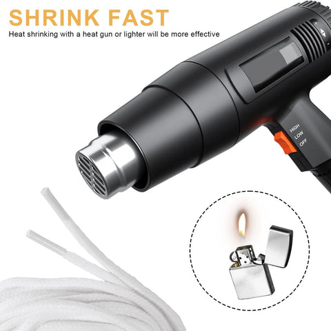 Black heat gun and lighter near shoelaces for "Fix Your Laces Like A Pro With This 50Pk Heat Shrink Aglets Repair Kit For Shoelaces"