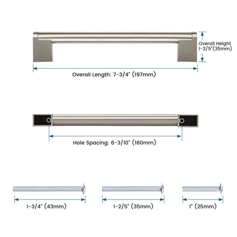 Diagram of 20 Pack Brushed Nickel Dresser Cabinet Pulls 6-3/10 Inch Hole Centers 160mm 7-3/4 Inch Overall Length with screw sizes