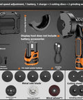 Hustle Ready Cordless Angle Grinder With Quick Charge Lithium Pack And Six Smooth Torque Settings For Hassle Free Polishing And Deep Diamond Cutting Power Tool That Tears Up Rust Like Butter accessories including battery, charger, and cutting discs.