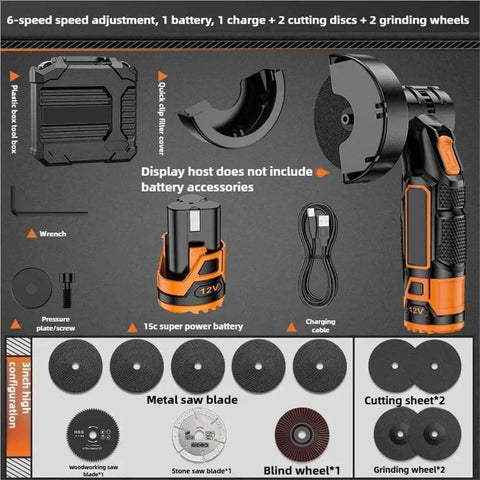 Hustle Ready Cordless Angle Grinder With Quick Charge Lithium Pack And Six Smooth Torque Settings For Hassle Free Polishing And Deep Diamond Cutting Power Tool That Tears Up Rust Like Butter accessories including battery, charger, and cutting discs.