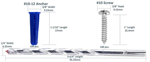 Blue Bantam Plastic Conical Drywall Wall Anchor Kit With Screws And Drill Bit 201 Piece Set showing anchor, screw, and drill bit dimensions.