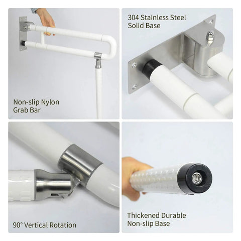 24 Inch Toilet Safety Rail Wall Mount Foldable Grab Bar Non Slip Stainless Steel With Fluorescent Grip features and details