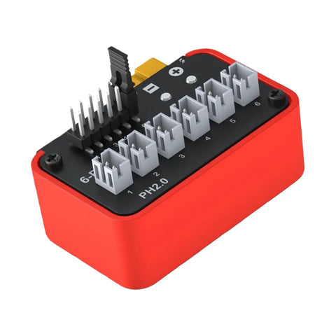 Red six port battery charging hub with BT2.0 and PH2.0 connectors, top view