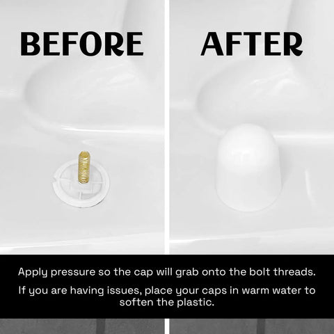 Tall Toilet Bolt Caps Universal Fit With Round Top White 2 Pack for 1/4 Inch or 5/16 Inch Bolts installation before and after