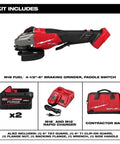 Gnarly Heavy Duty Cordless Angle Grinder Compatible With M18 Tools Offering 4 1 2 Inch 6 Inch Cutting Grinding Capability Brushless Motor Pumps Out Serious Torque For Tough Job Sites Comes Ready With Fat 8 Amp Hour Battery And Rapid Charger For Daily including grinder, battery, rapid charger, and contractor bag.