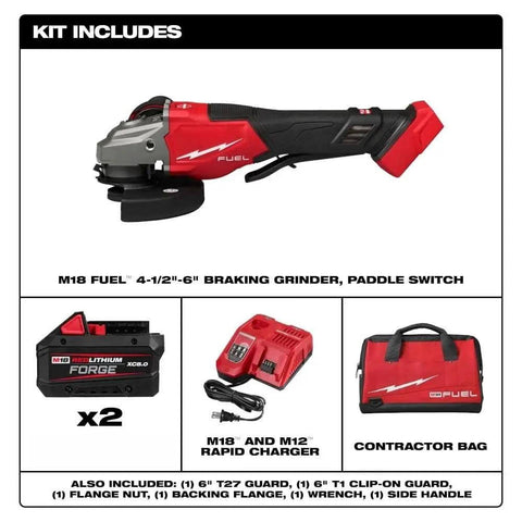 Gnarly Heavy Duty Cordless Angle Grinder Compatible With M18 Tools Offering 4 1 2 Inch 6 Inch Cutting Grinding Capability Brushless Motor Pumps Out Serious Torque For Tough Job Sites Comes Ready With Fat 8 Amp Hour Battery And Rapid Charger For Daily including grinder, battery, rapid charger, and contractor bag.