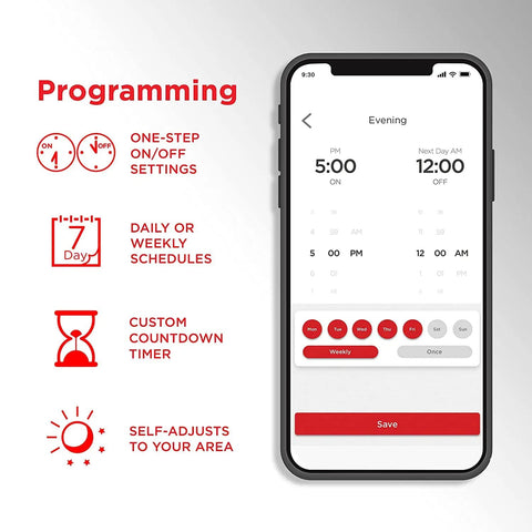 Smart Light Switch 2 Pack With 2.4GHz WiFi on smartphone screen showing programming schedule and settings.