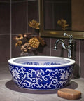 Top Shelf Vintage Round Ceramic Vessel Sink For Bathroom Vanity Above Counter Durable Porcelain Wash Basin With High Gloss Premium Glaze, blue and white design, 16x16 inches.
