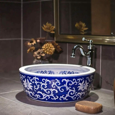 Top Shelf Vintage Round Ceramic Vessel Sink For Bathroom Vanity Above Counter Durable Porcelain Wash Basin With High Gloss Premium Glaze, blue and white design, 16x16 inches.