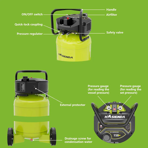Hasiendea 20 Gallon Vertical Air Compressor, 150 PSI Max Oil-Free With Brushless Motor. Quiet Workshop Unit For Garage Painting, Carpentry, Auto Repair & Nailin'. Includes 4 Piece Tool Bundle Set