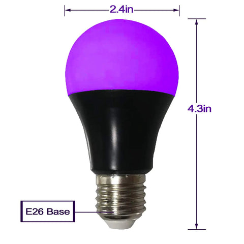 8W UV LED Black Light Bulbs A19 E26 Pack Of 2 For Glow In The Dark Neon Party Vibes Body Paint Fluorescent Posters And Pet Stains UVA 385-400nm Energy Saving Long Lasting, E26 base with dimensions 2.4 x 4.3 inches