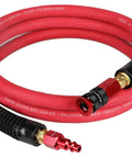 Heavy Duty Red Rubber Air Compressor Hose 3/8 Inch Inner Diameter Six Feet Long With Seamless Aluminum Quick Coupler And Plug built for durability.