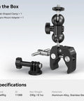Sturdy Camera Clamp Mount With Double Ball Head Magic Arm for Fence Desk and Tripod Use with GoPro adapter and crab-shaped clamp.