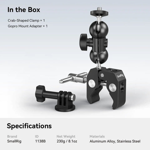 Sturdy Camera Clamp Mount With Double Ball Head Magic Arm for Fence Desk and Tripod Use with GoPro adapter and crab-shaped clamp.