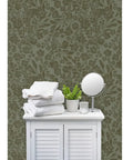 Real Dope Cottage Botanical Wallpaper With Matte Linen Texture And Pvc Free Mix Built For Sturdy Residential Or Commercial Walls That Add A Chill Fresh Vibe To Your Place on a bathroom cabinet.